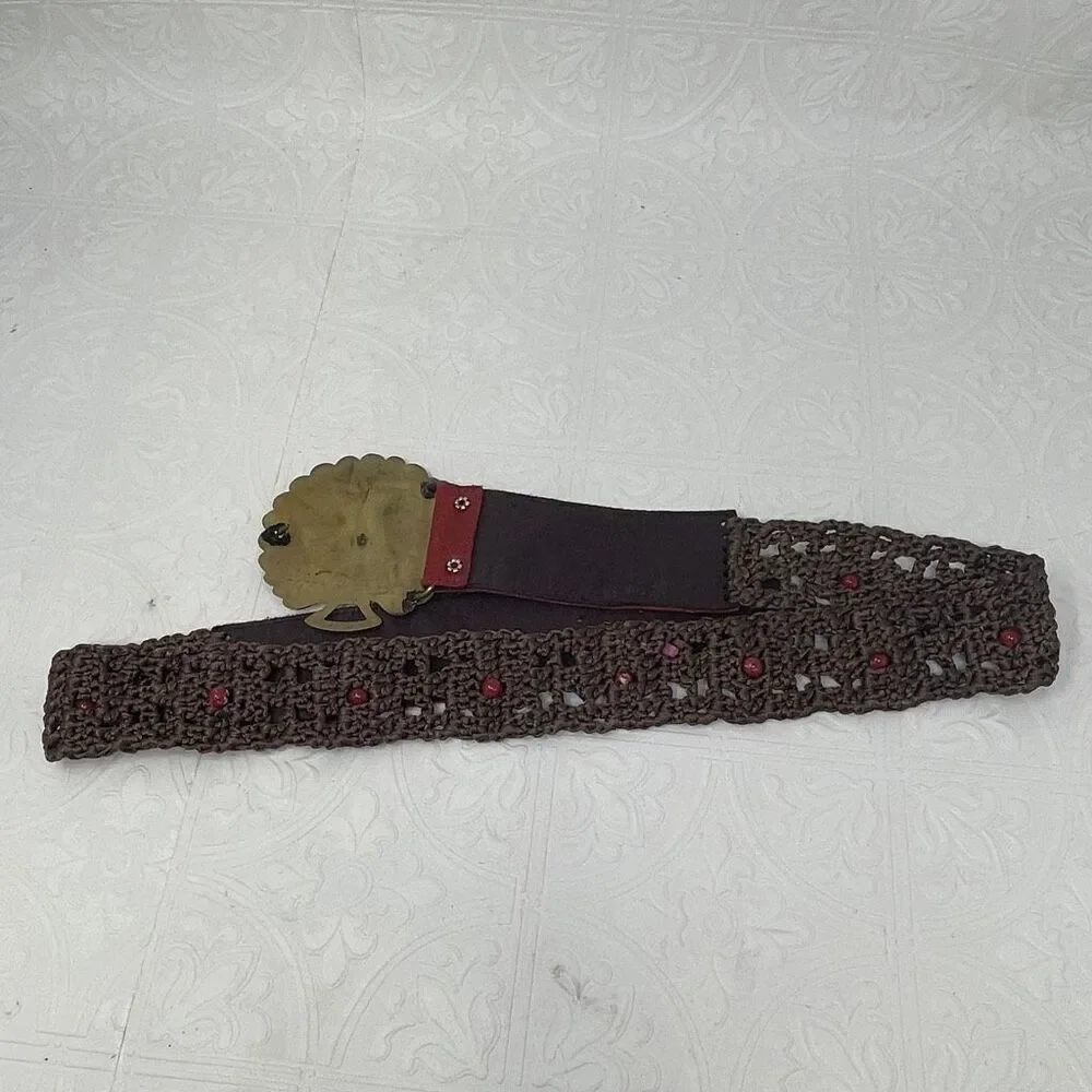 Lara Kazan Peacock Brass Buckle Belt Red Leather/Brown Crochet